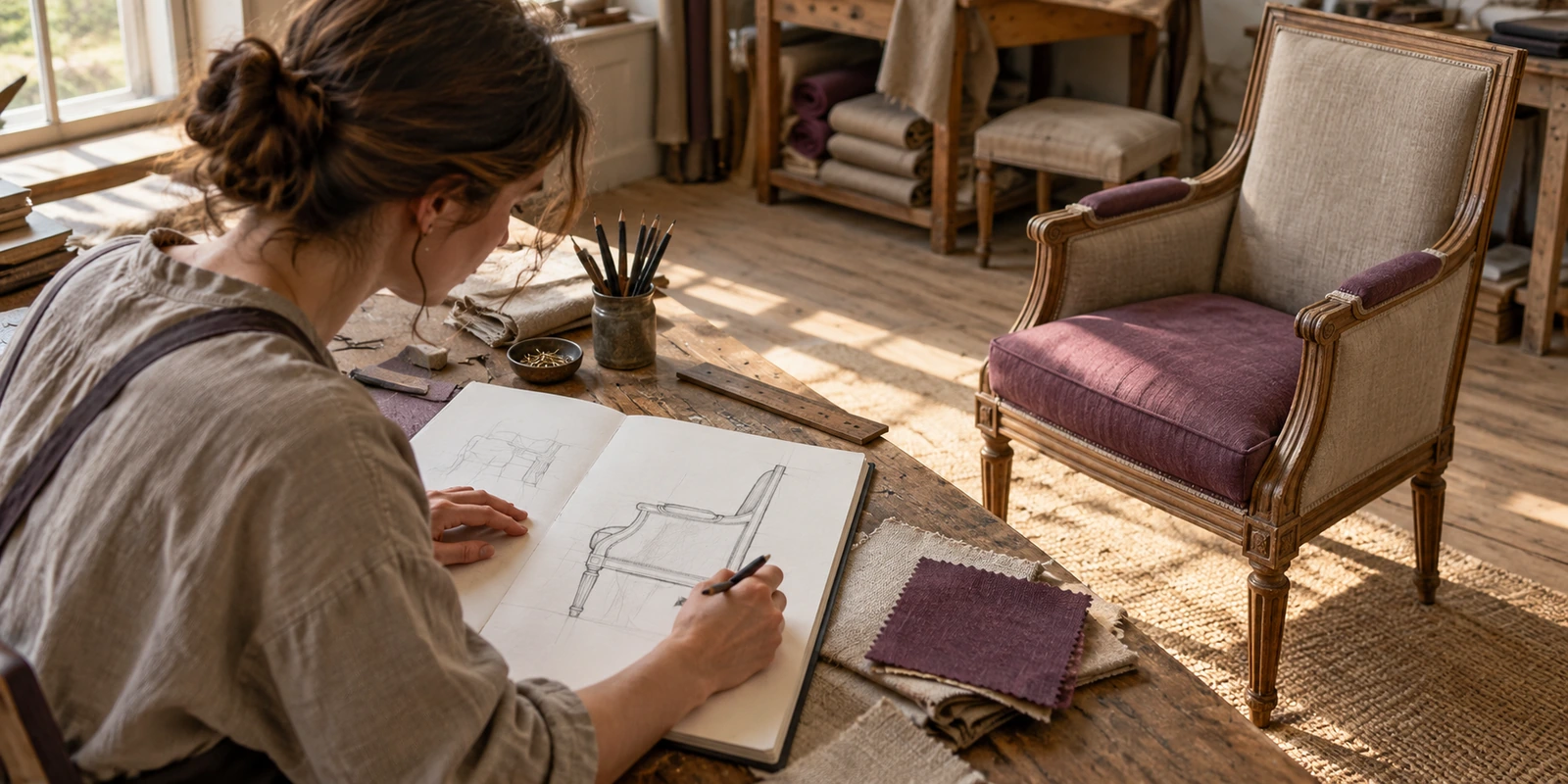 Une élève dessine le profil d’un fauteuil en bois avec un carnet de croquis ouvert sur une table d’atelier