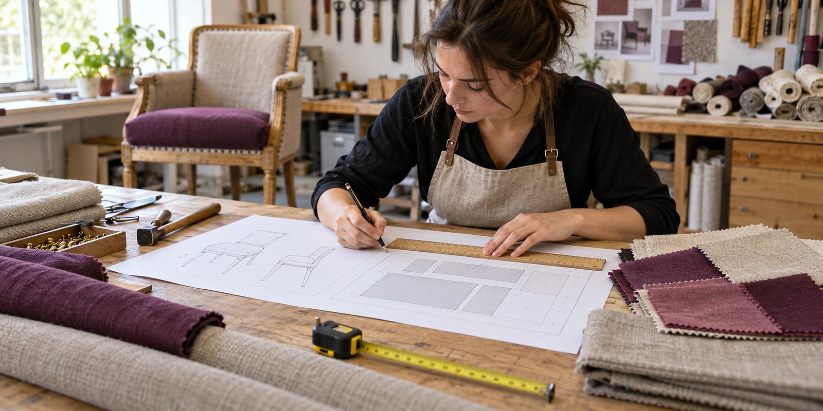 Annales du CAP Tapissier en siège : méthode de travail Un candidat révise un dossier de tapisserie avec un plan de coupe et des échantillons de tissu sur une table