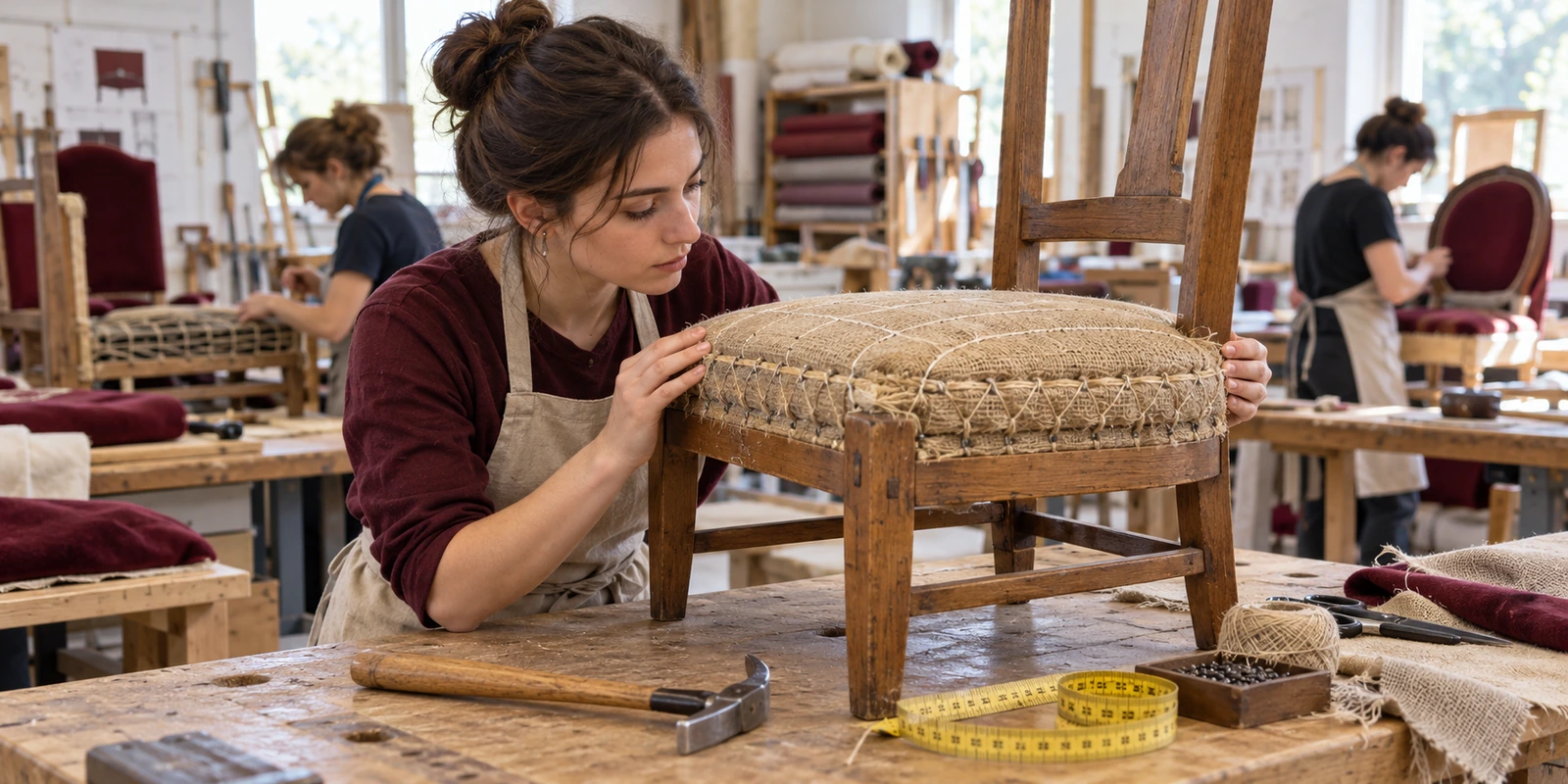 CAP Tapissier en siège : préparer les épreuves EP1 et EP2 Une candidate contrôle la finition d’une garniture de chaise sur son établi avec des outils de tapissier